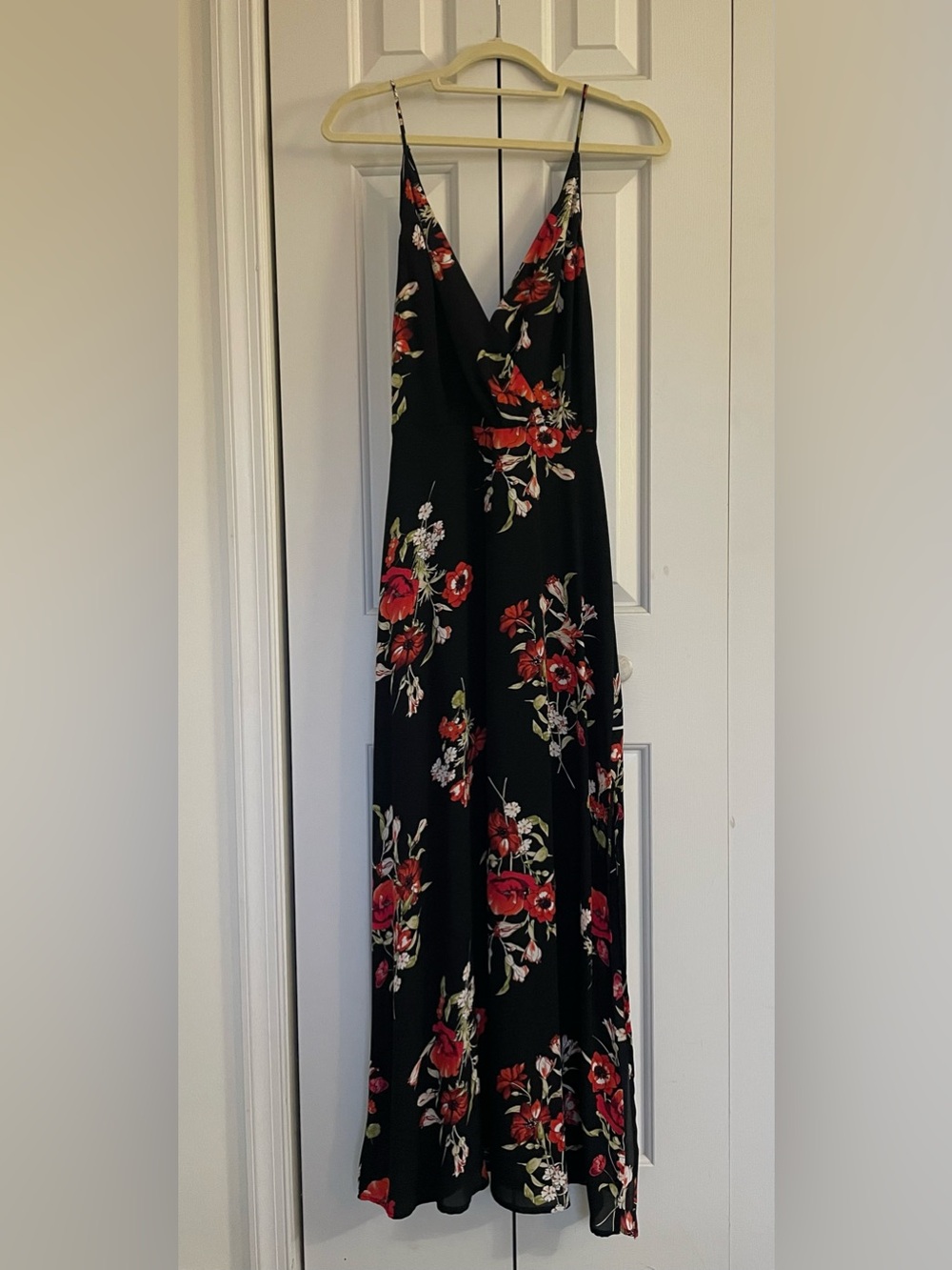 Lush Black Maxi Dress with Red Floral Print
